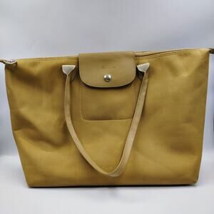 Longchamp Beige Large Tote Bag Logo Accent Shoulder Strap Women's Handbag